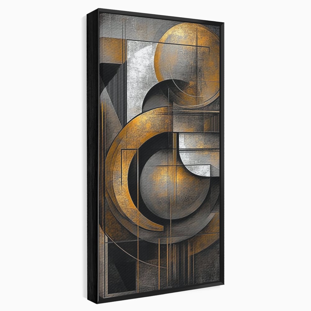 Tablou canvas cu tablou canvas geometric cu cercuri aurii si gri, in rama de aluminiu negru